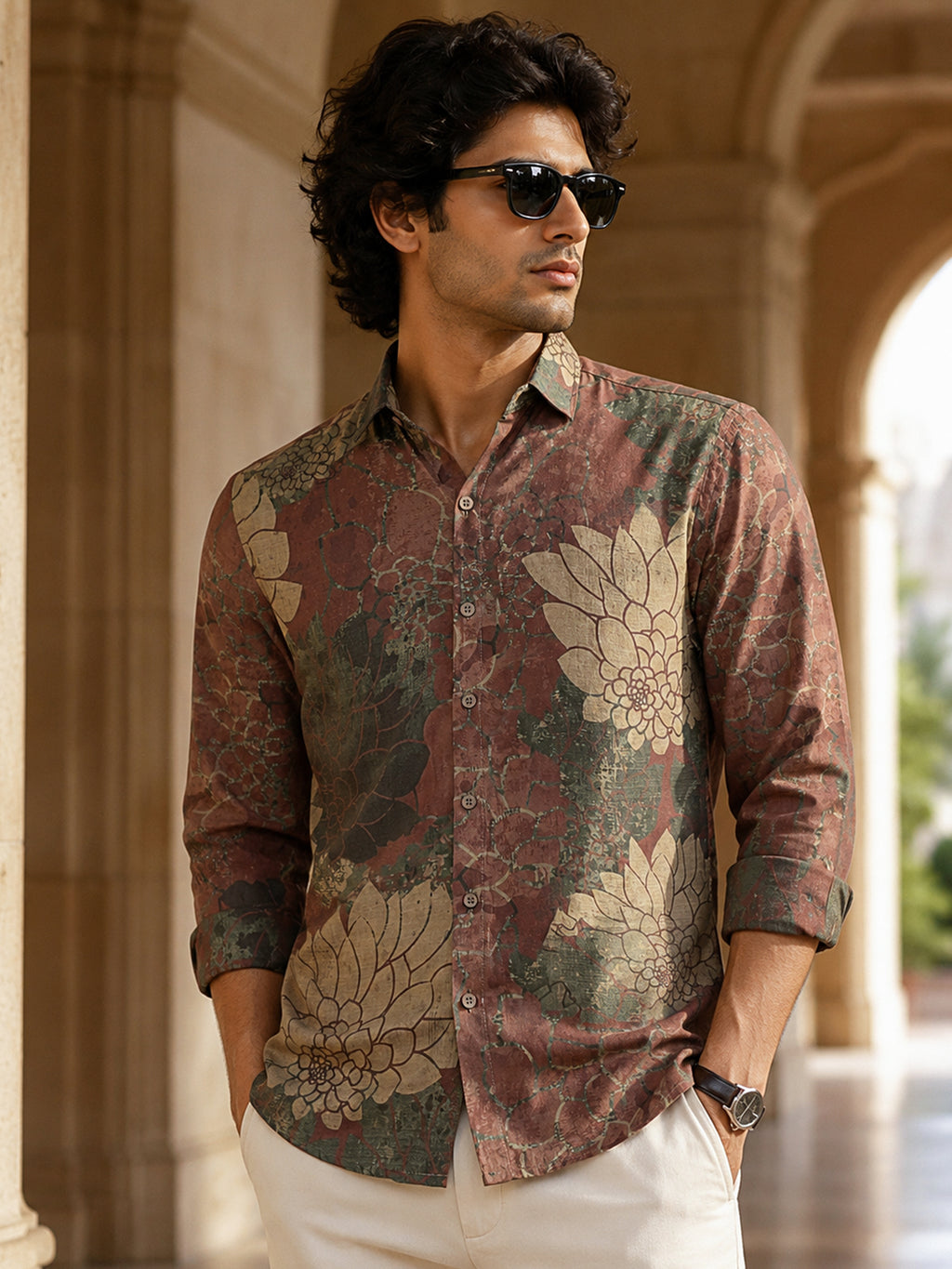 CAHOOT Men's Maroon Botanical Printed Regular Fit Shirt - view 1