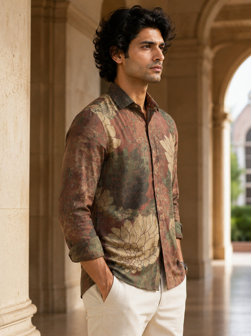 CAHOOT Men's Maroon Botanical Printed Regular Fit Shirt - view 3