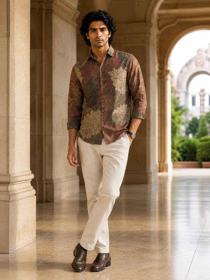 CAHOOT Men's Maroon Botanical Printed Regular Fit Shirt - view 5