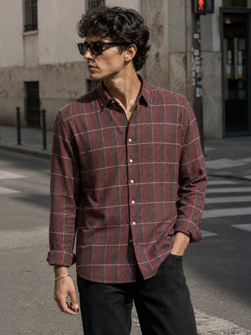 Maroon Checked Cotton Oversized Fit Shirt