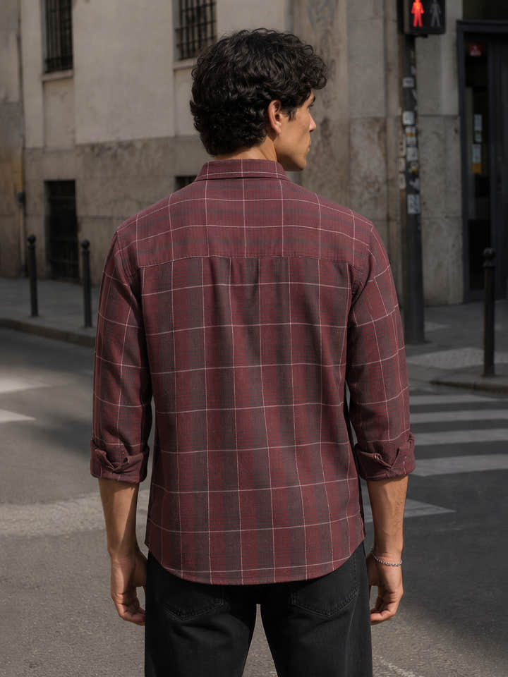 Maroon Checked Cotton Oversized Fit Shirt