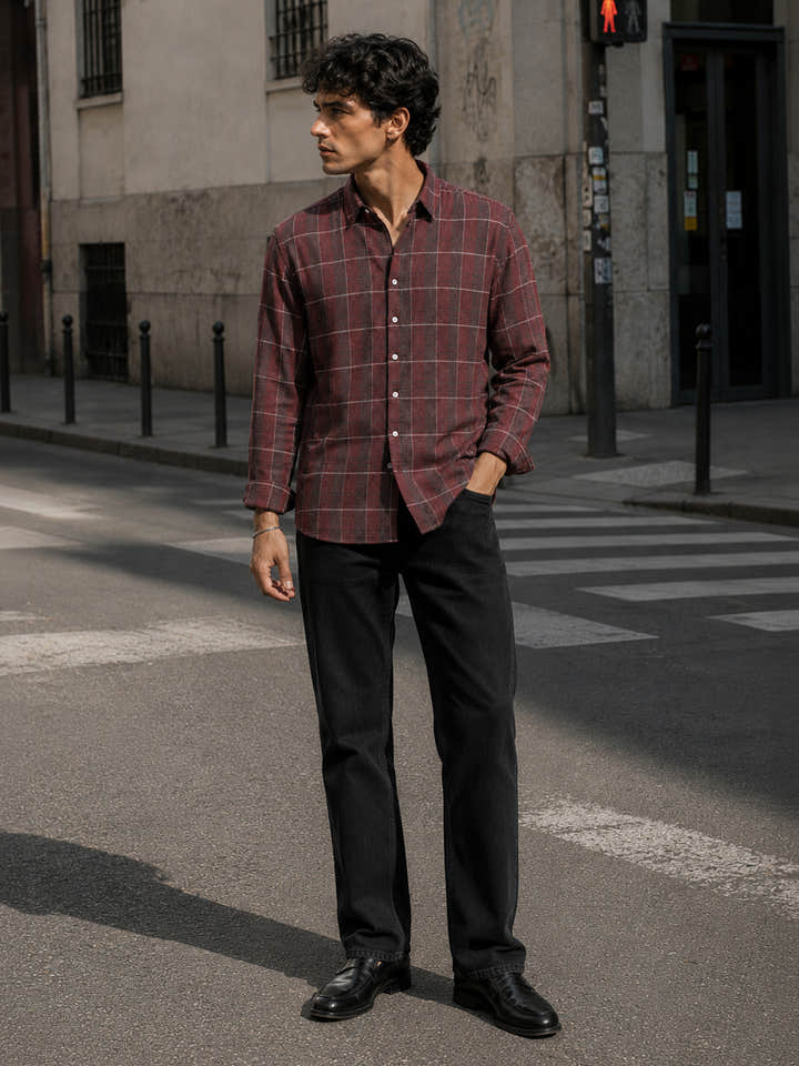 Maroon Checked Cotton Oversized Fit Shirt