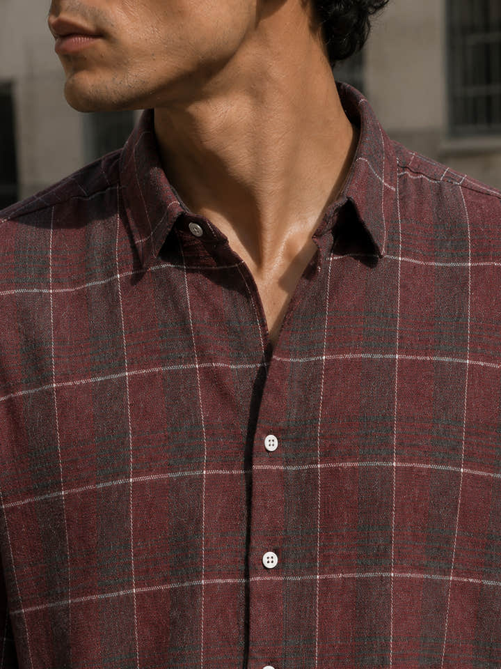 Maroon Checked Cotton Oversized Fit Shirt