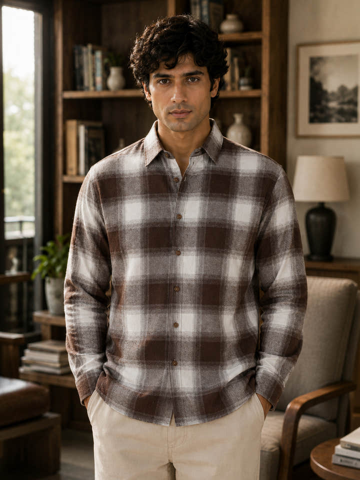 CAHOOT Men's Brown & Off-White Checkered Oversized Fit Shirt - view 2