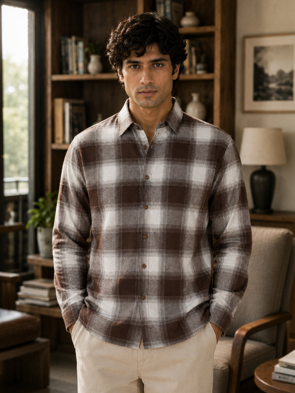 CAHOOT Men's Brown & Off-White Checkered Oversized Fit Shirt - view 2
