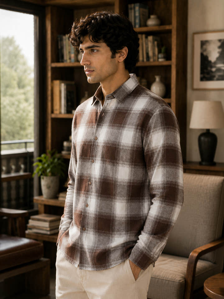 CAHOOT Men's Brown & Off-White Checkered Oversized Fit Shirt - view 3