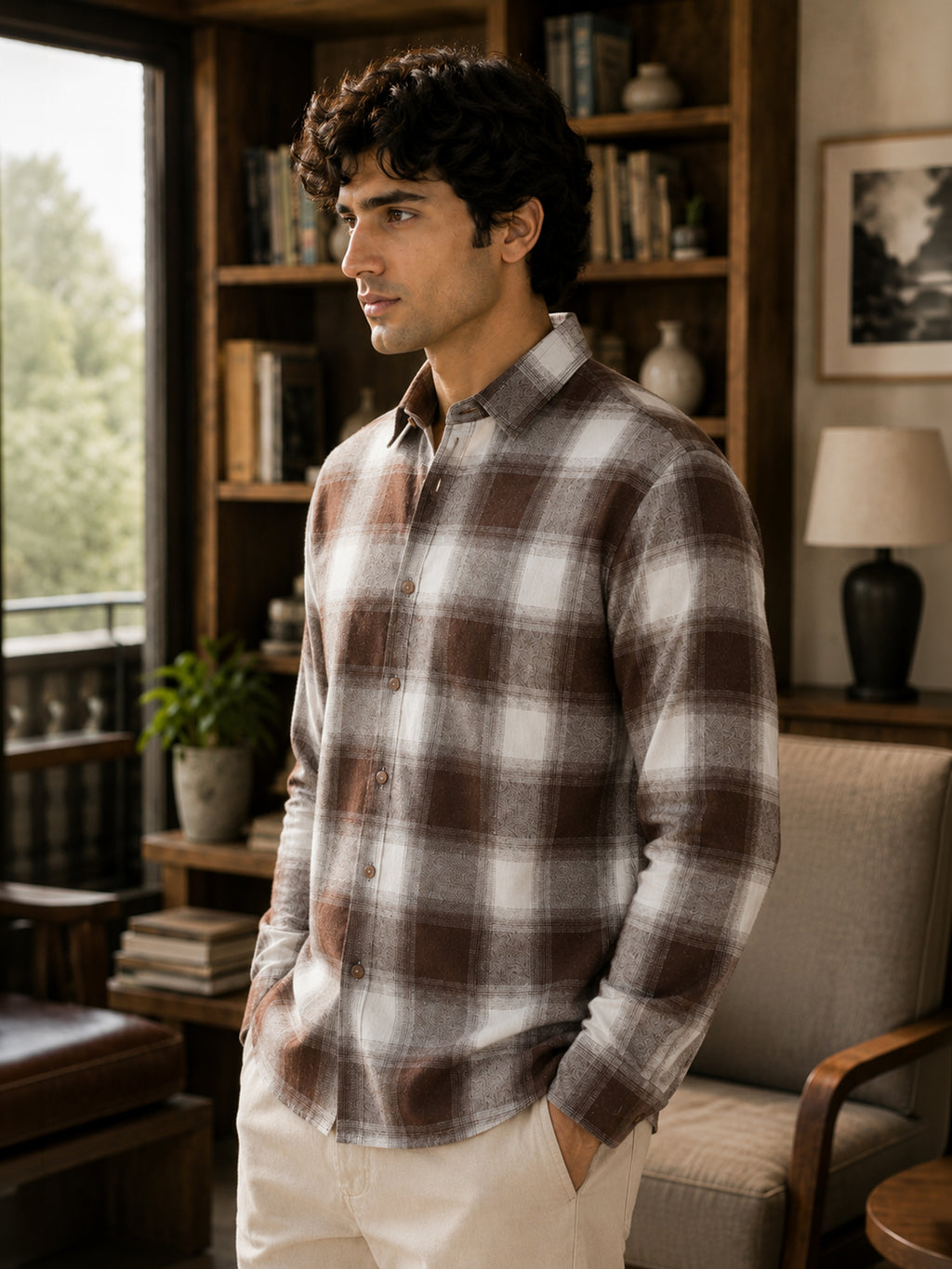 CAHOOT Men's Brown & Off-White Checkered Oversized Fit Shirt - view 3