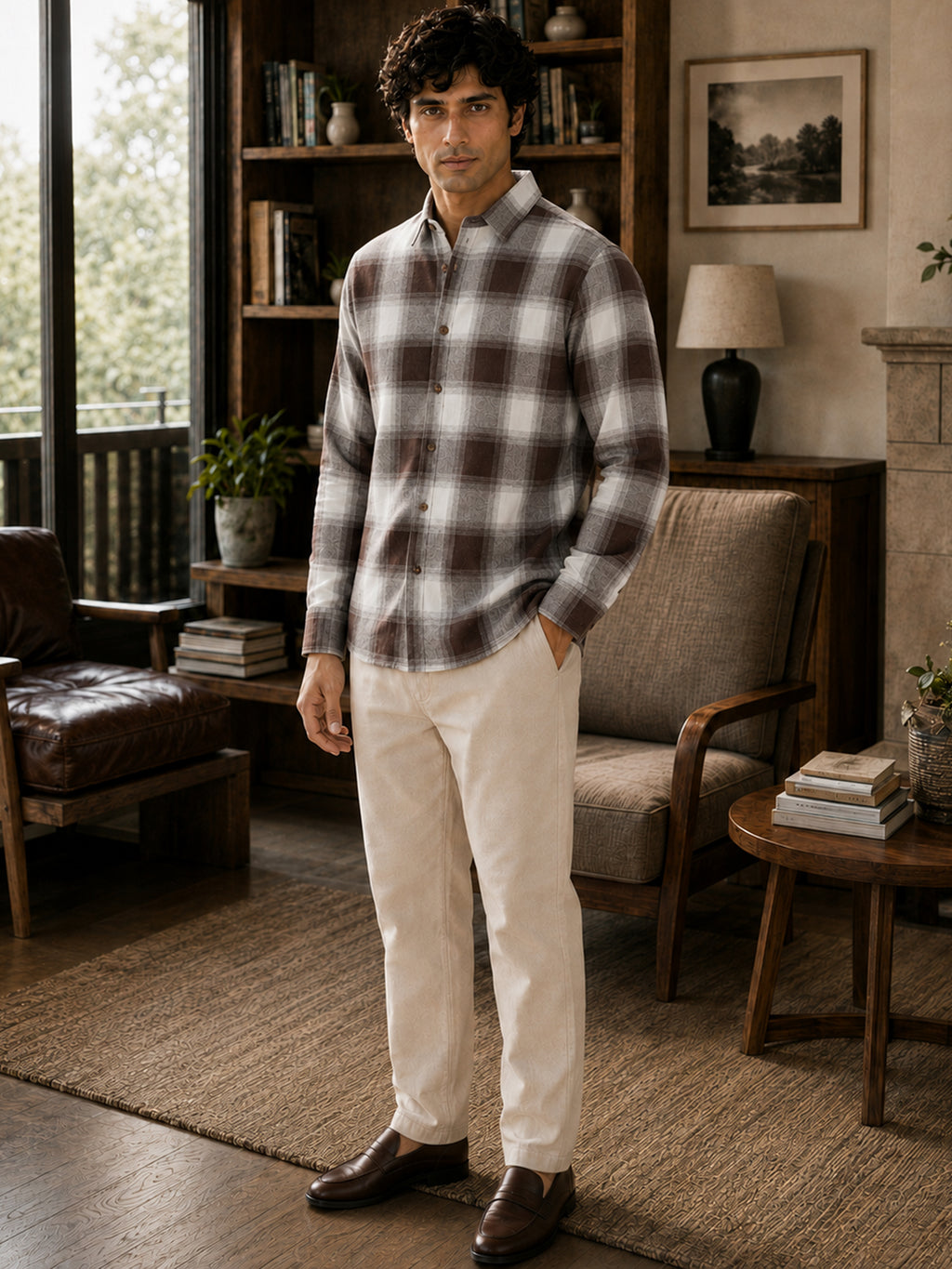 CAHOOT Men's Brown & Off-White Checkered Oversized Fit Shirt - view 5