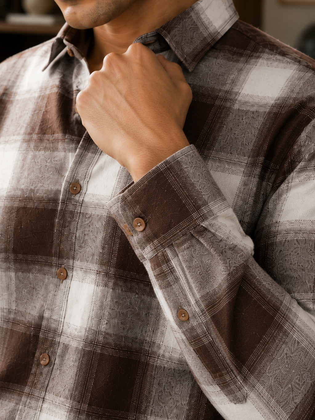 CAHOOT Men's Brown & Off-White Checkered Oversized Fit Shirt - view 7