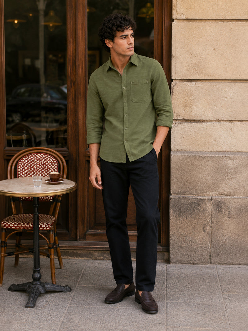 CAHOOT Green Solid Cotton-Rayon Shirt With Patch Pocket - view 4