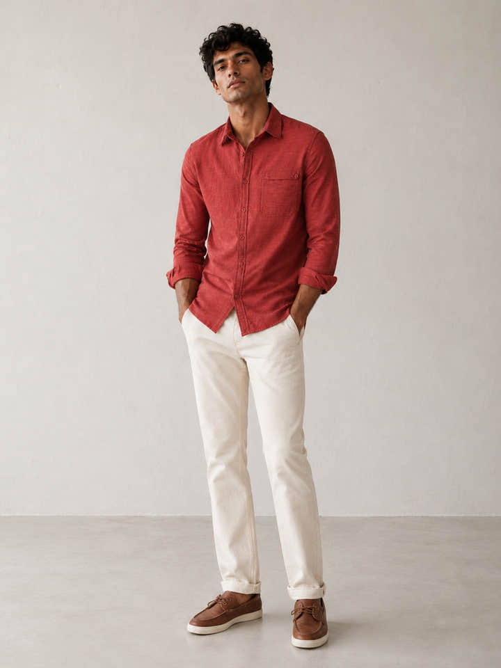 Rust solid Rayon shirt with patch pocket
