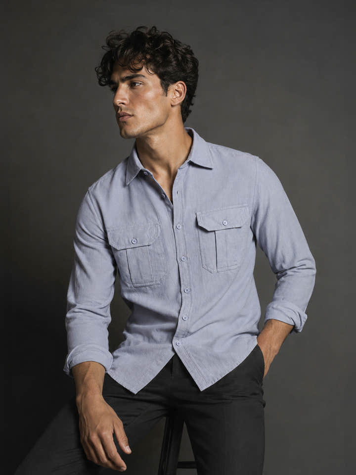 Blue Solid Cotton Flap Pocket Shirt