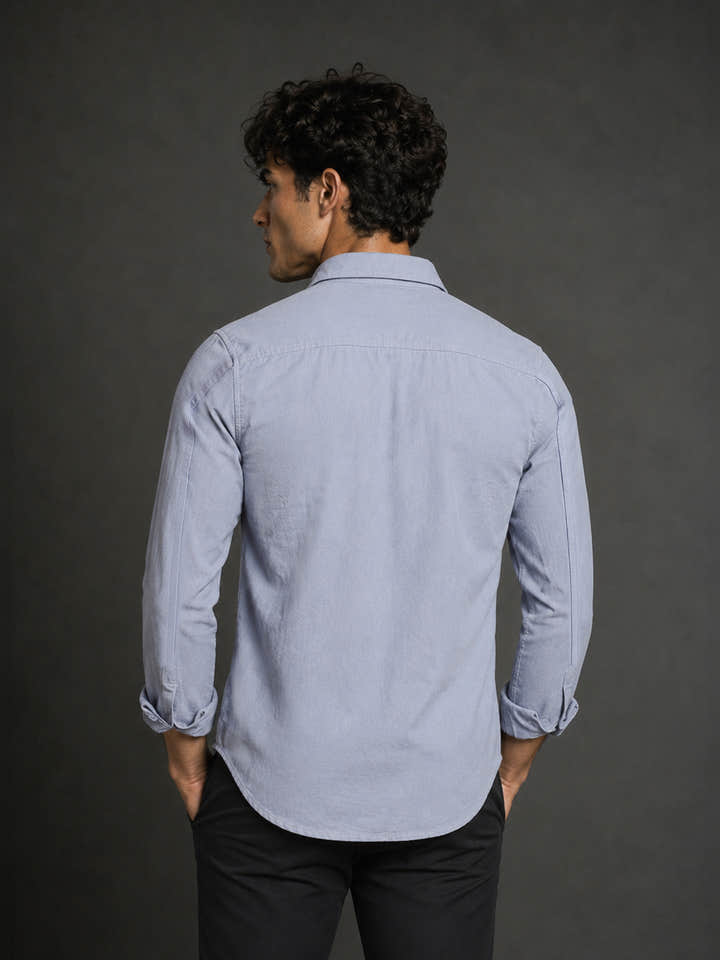 Blue Solid Cotton Flap Pocket Shirt