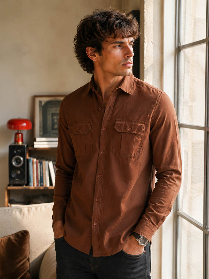 Brown Solid Cotton Flap Pocket Shirt