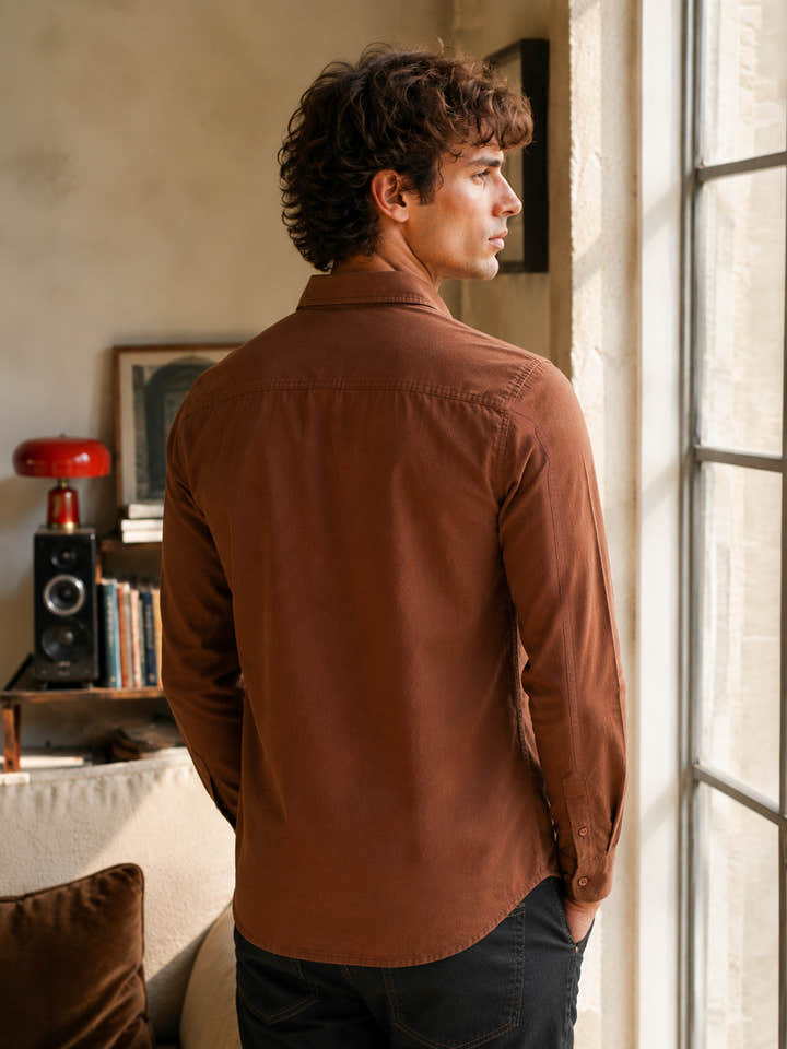 Brown Solid Cotton Flap Pocket Shirt