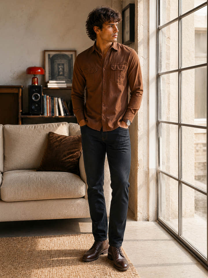 Brown Solid Cotton Flap Pocket Shirt