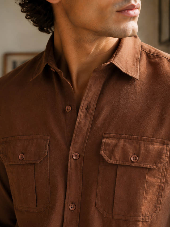 Brown Solid Cotton Flap Pocket Shirt