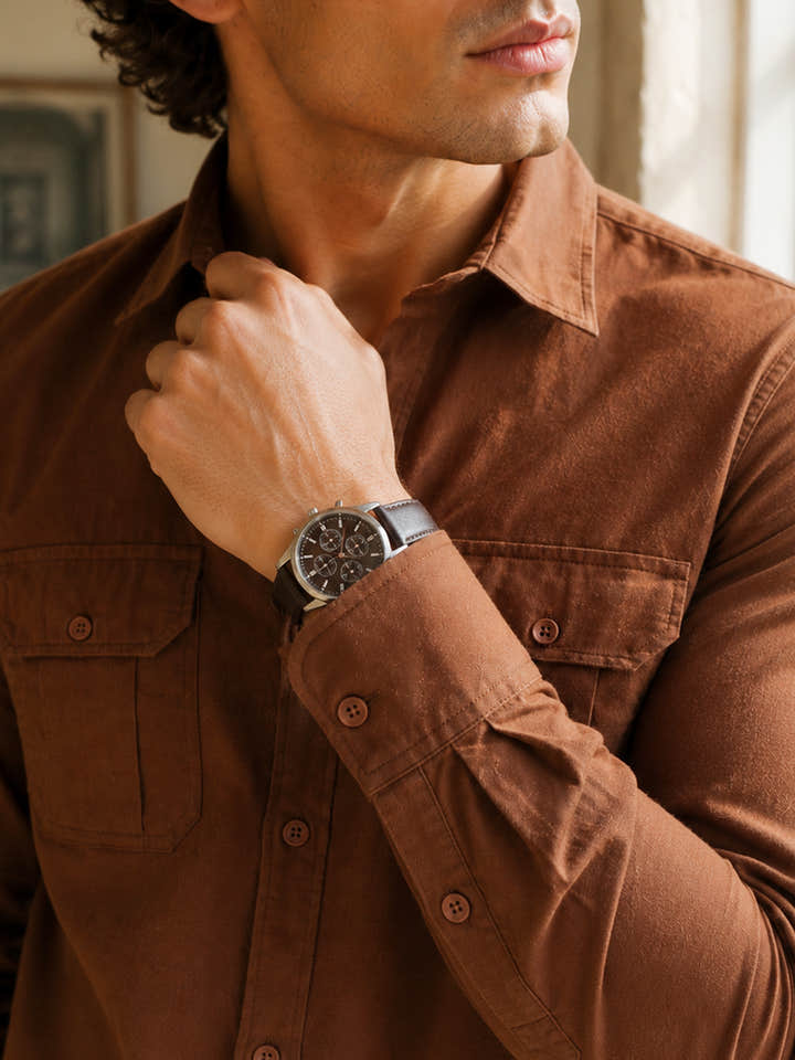 Brown Solid Cotton Flap Pocket Shirt
