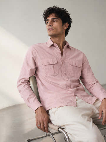 Pink Solid Cotton Flap Pocket Shirt