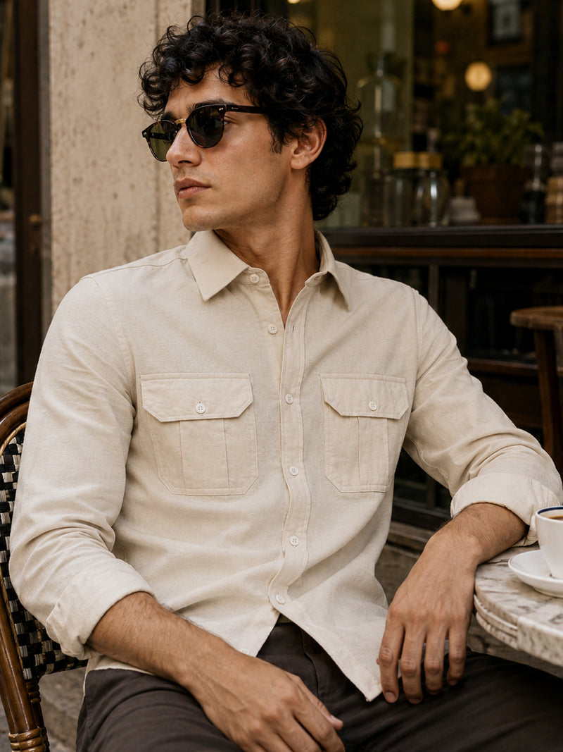 CAHOOT Light Beige Cotton-Rayon Shirt With Twin Utility Pockets - view 1