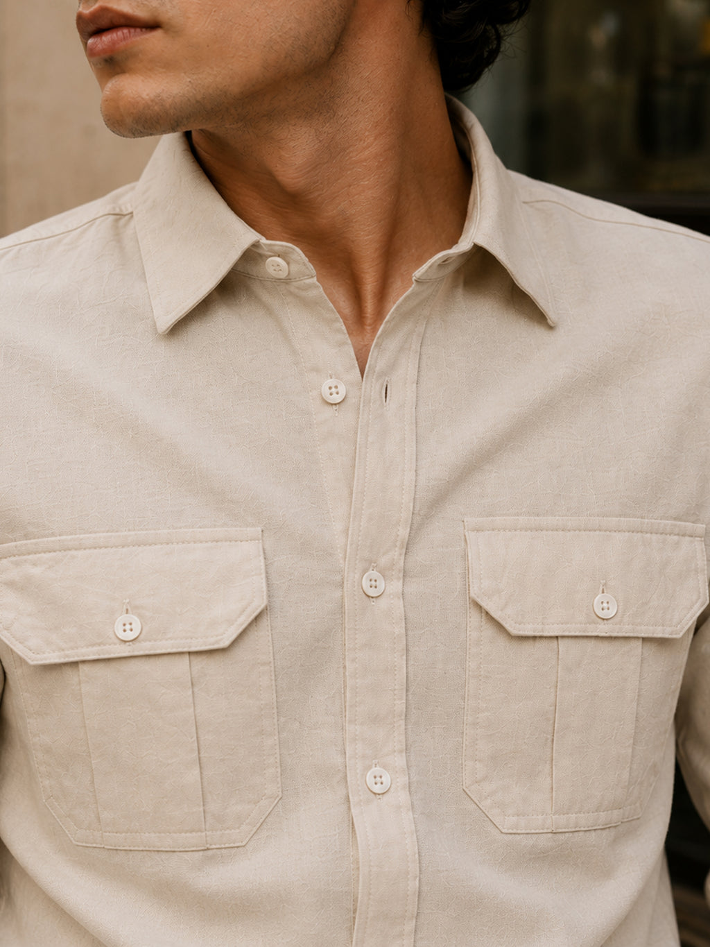 CAHOOT Light Beige Cotton-Rayon Shirt With Twin Utility Pockets - view 5