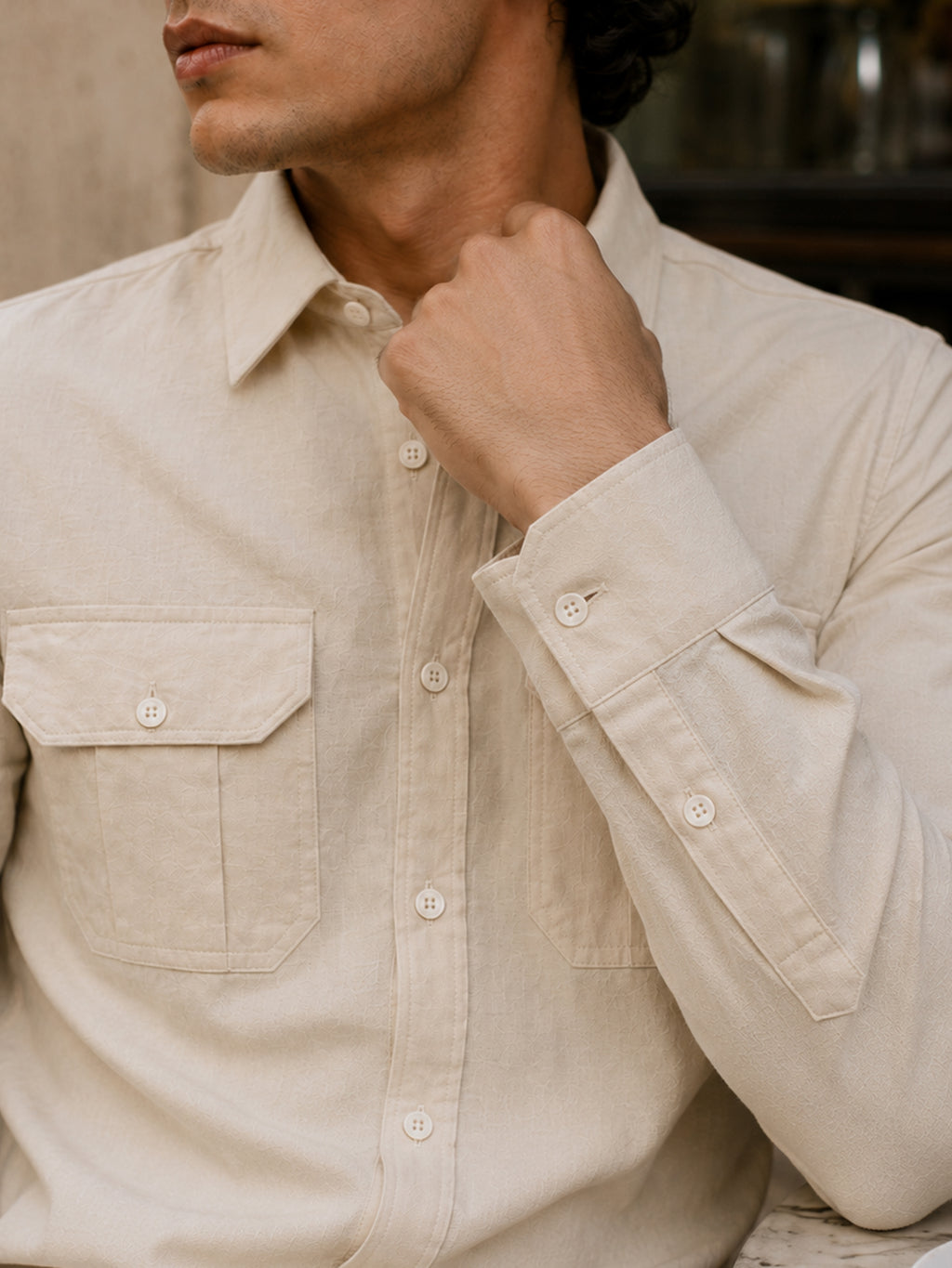 CAHOOT Light Beige Cotton-Rayon Shirt With Twin Utility Pockets - view 6