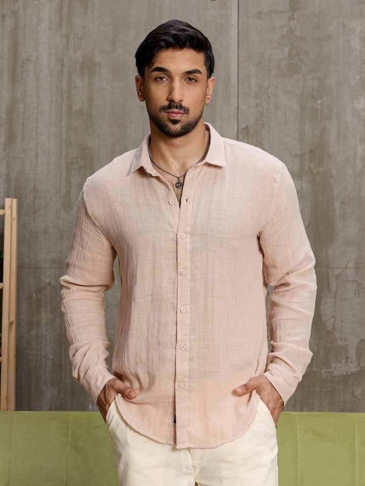 Cahoot Men's Blush Pink Muslin Breezy-Weave Shirt - view 2
