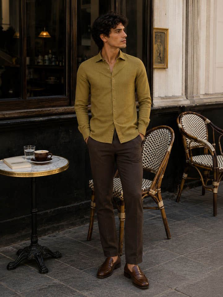 Olive Viscose Cotton Shirt with Printed Under-Collar