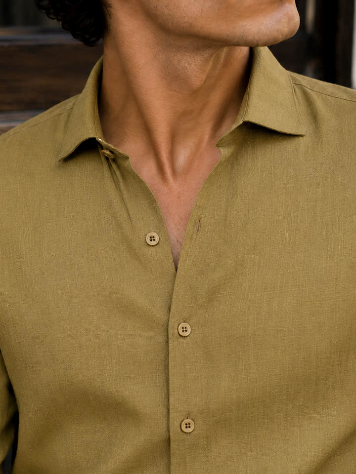 Olive Viscose Cotton Shirt with Printed Under-Collar
