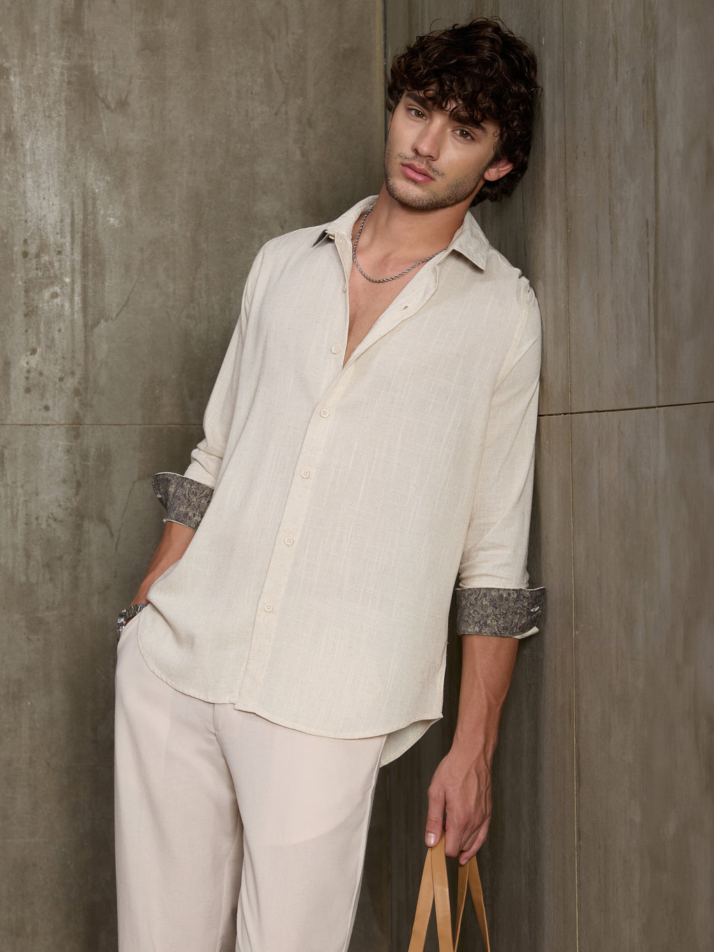 Cahoot Men's Cream Viscose Flex Shirt With Printed Cuff & Collar - view 1