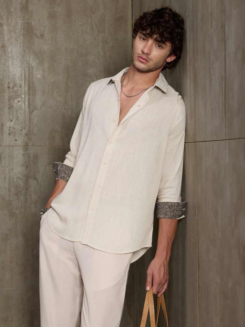 Cahoot Men's Cream Viscose Flex Shirt With Printed Cuff & Collar - view 1