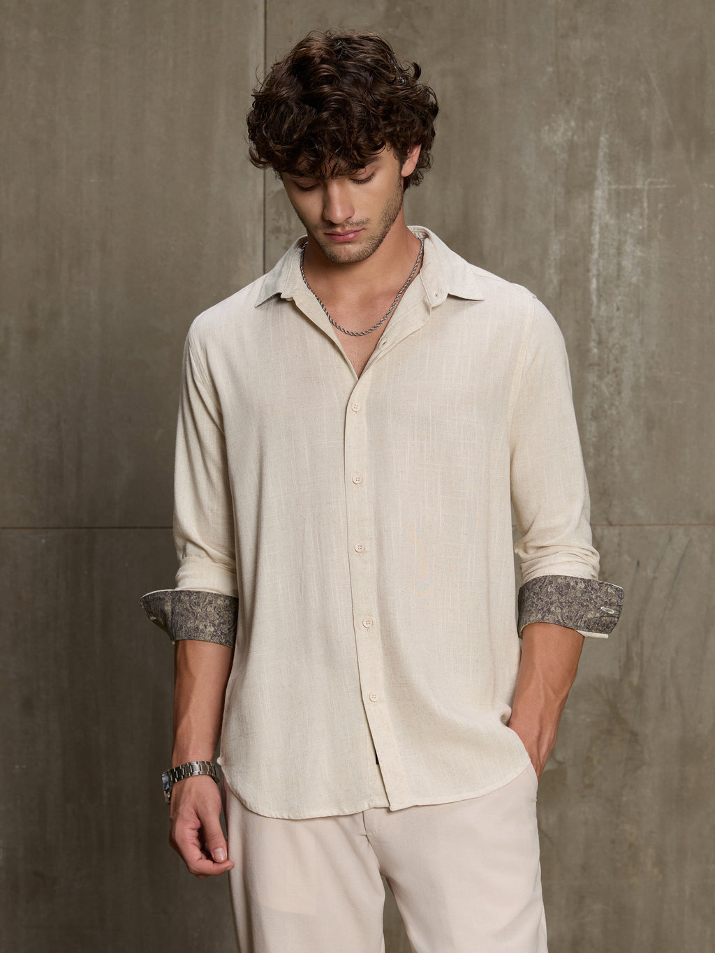 Cahoot Men's Cream Viscose Flex Shirt With Printed Cuff & Collar - view 2