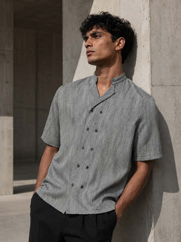 Grey Cotton-Twill Double-Breasted Half-Sleeve Shirt