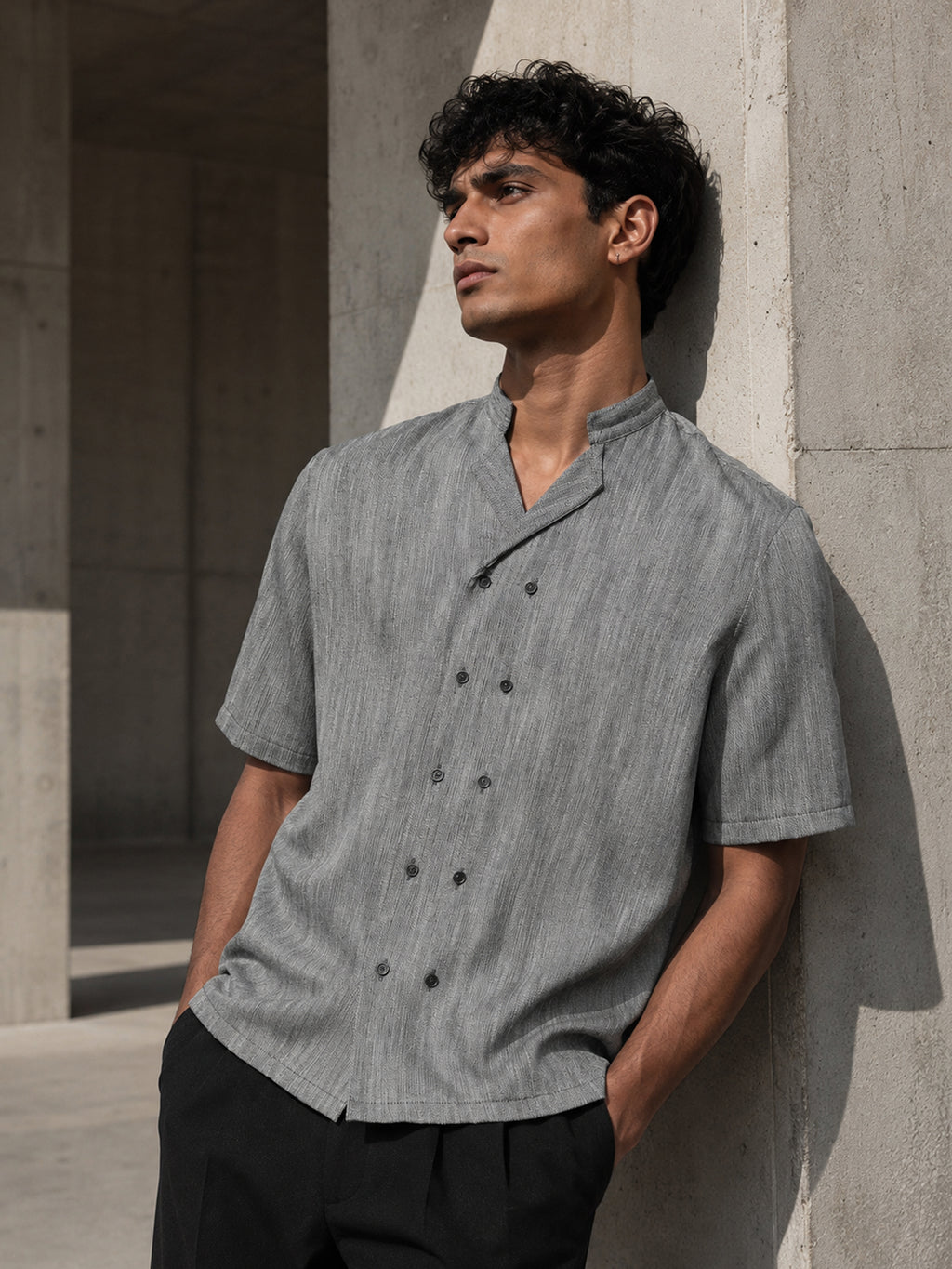 CAHOOT Grey Cotton-Twill Double-Breasted Half-Sleeve Shirt - view 1