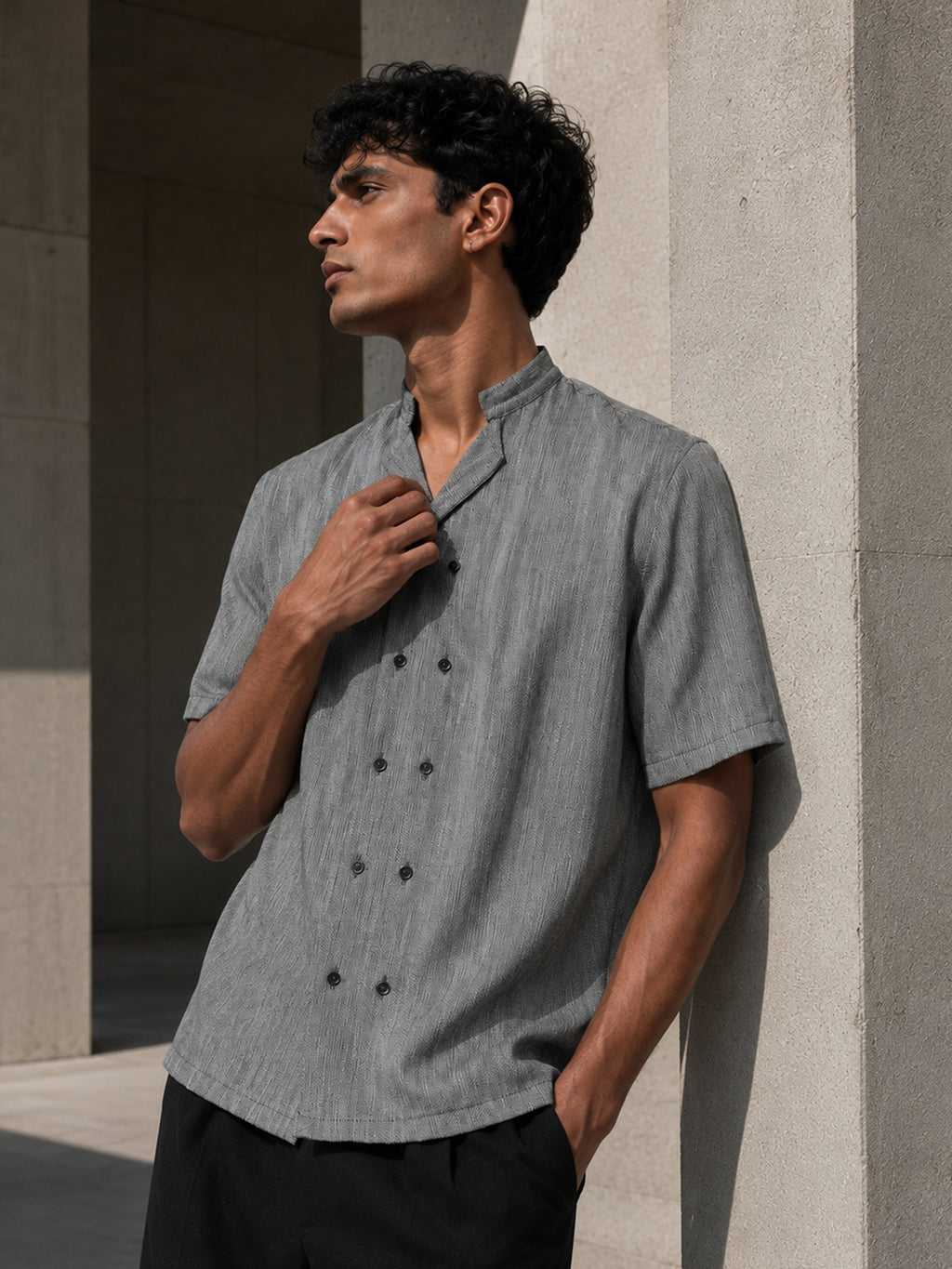 CAHOOT Grey Cotton-Twill Double-Breasted Half-Sleeve Shirt - view 2