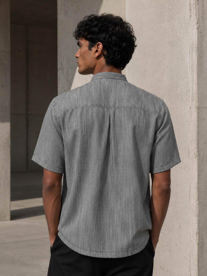 CAHOOT Grey Cotton-Twill Double-Breasted Half-Sleeve Shirt - view 3
