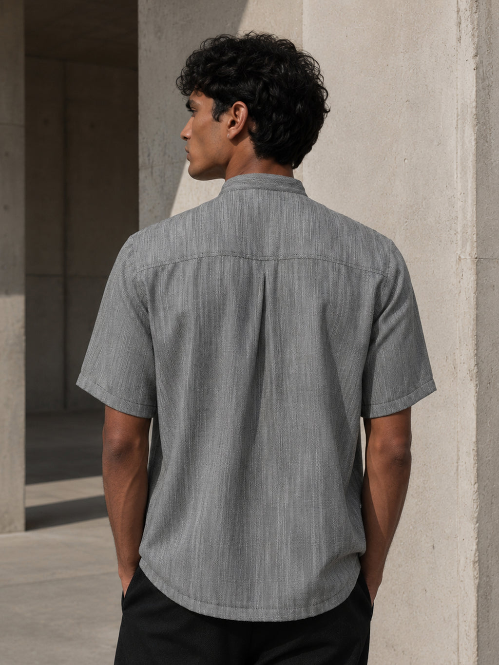 CAHOOT Grey Cotton-Twill Double-Breasted Half-Sleeve Shirt - view 3