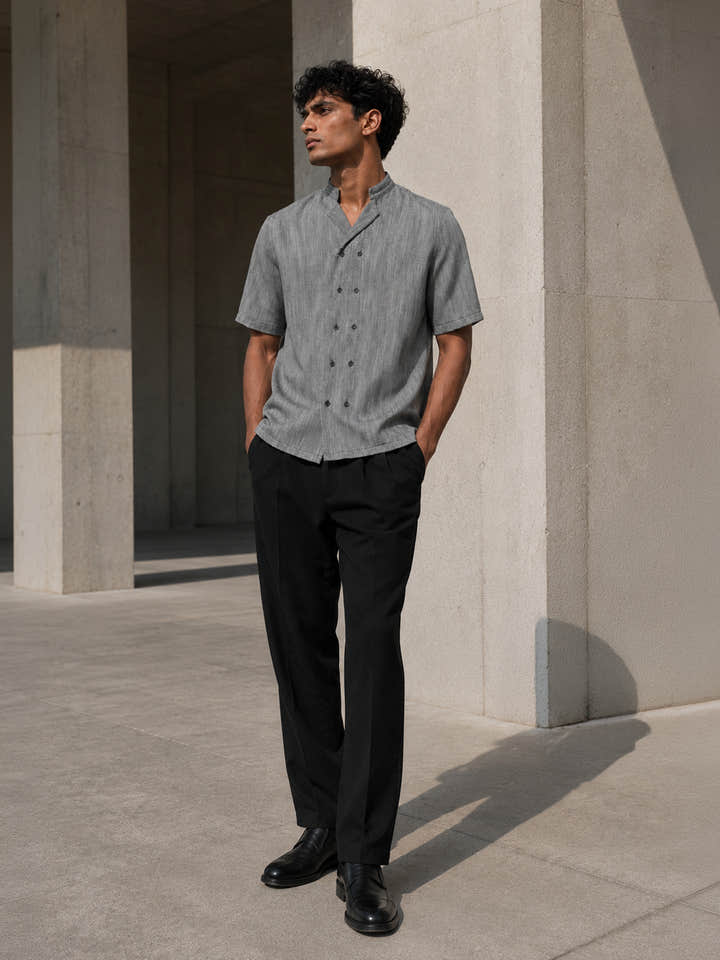 CAHOOT Grey Cotton-Twill Double-Breasted Half-Sleeve Shirt - view 4