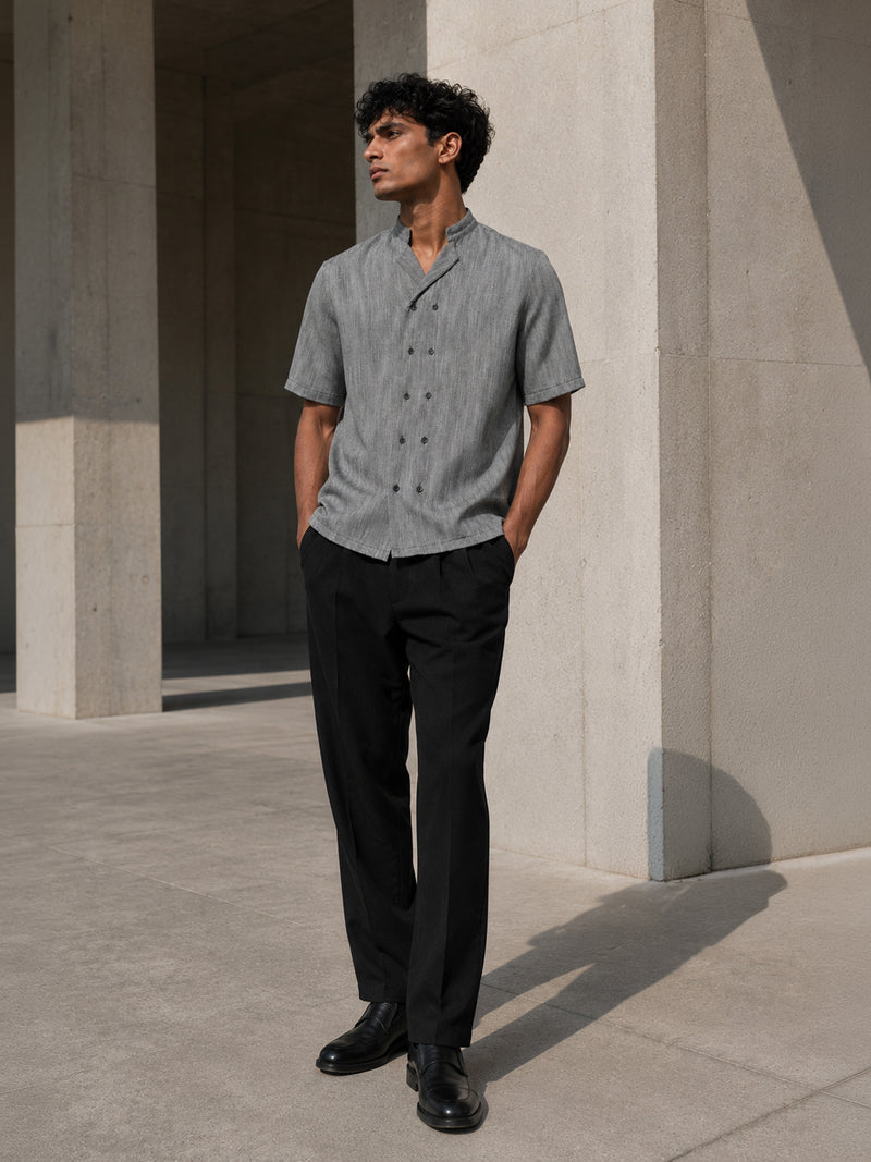 CAHOOT Grey Cotton-Twill Double-Breasted Half-Sleeve Shirt - view 4