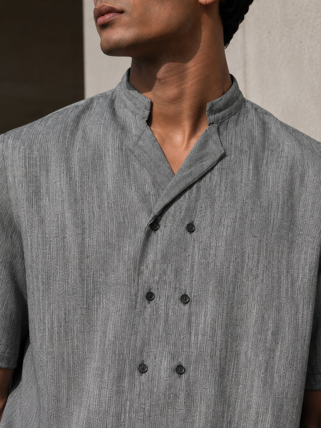 CAHOOT Grey Cotton-Twill Double-Breasted Half-Sleeve Shirt - view 5
