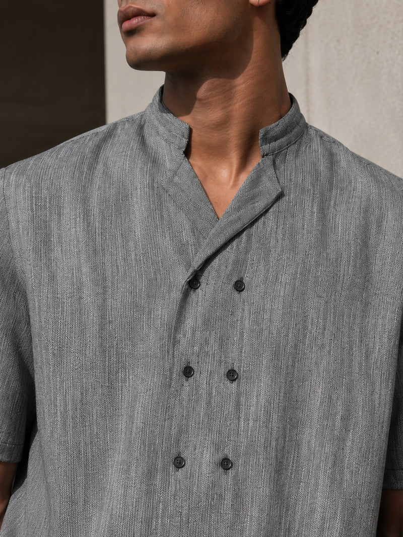 CAHOOT Grey Cotton-Twill Double-Breasted Half-Sleeve Shirt - view 5