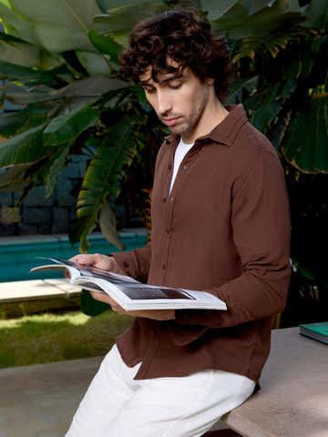 Brown Linen Regular fit shirt with double collar
