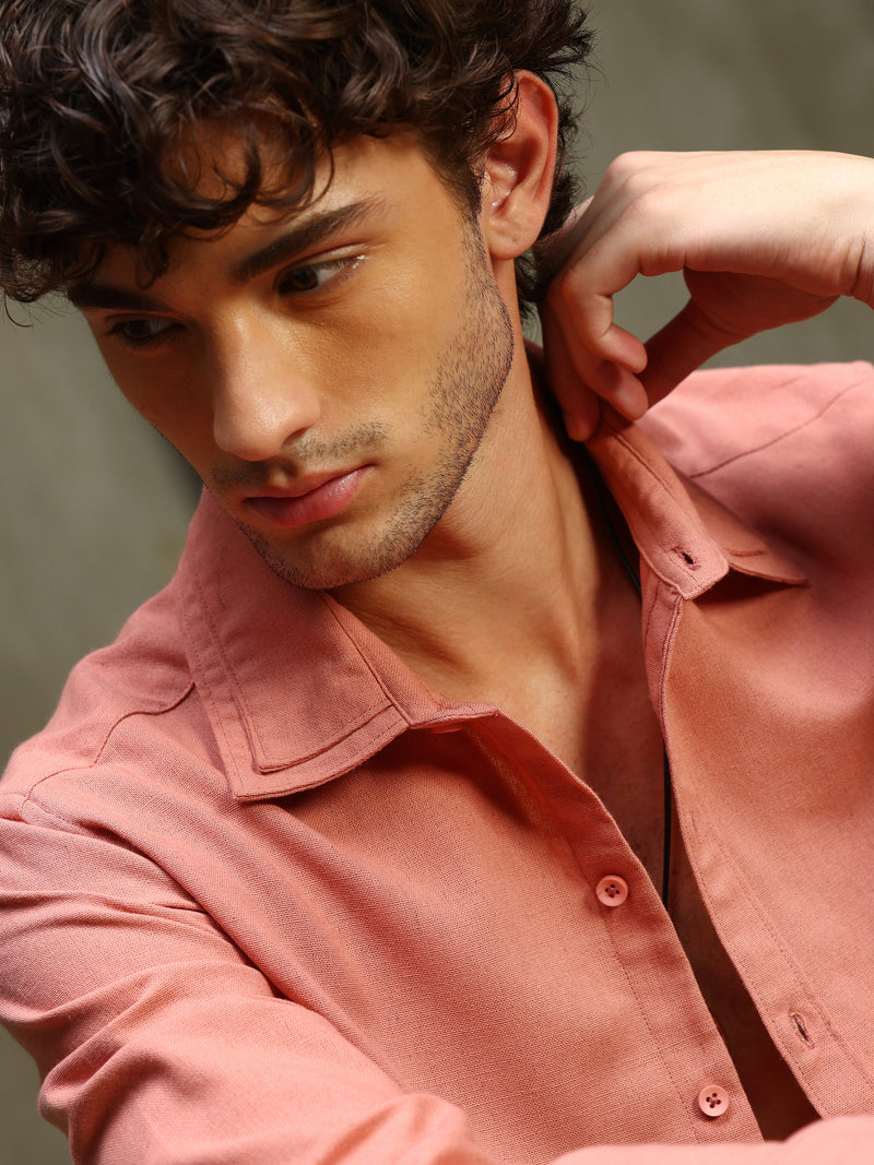 CAHOOT Men's Pink Double Collar Linen Blend Shirt - view 8