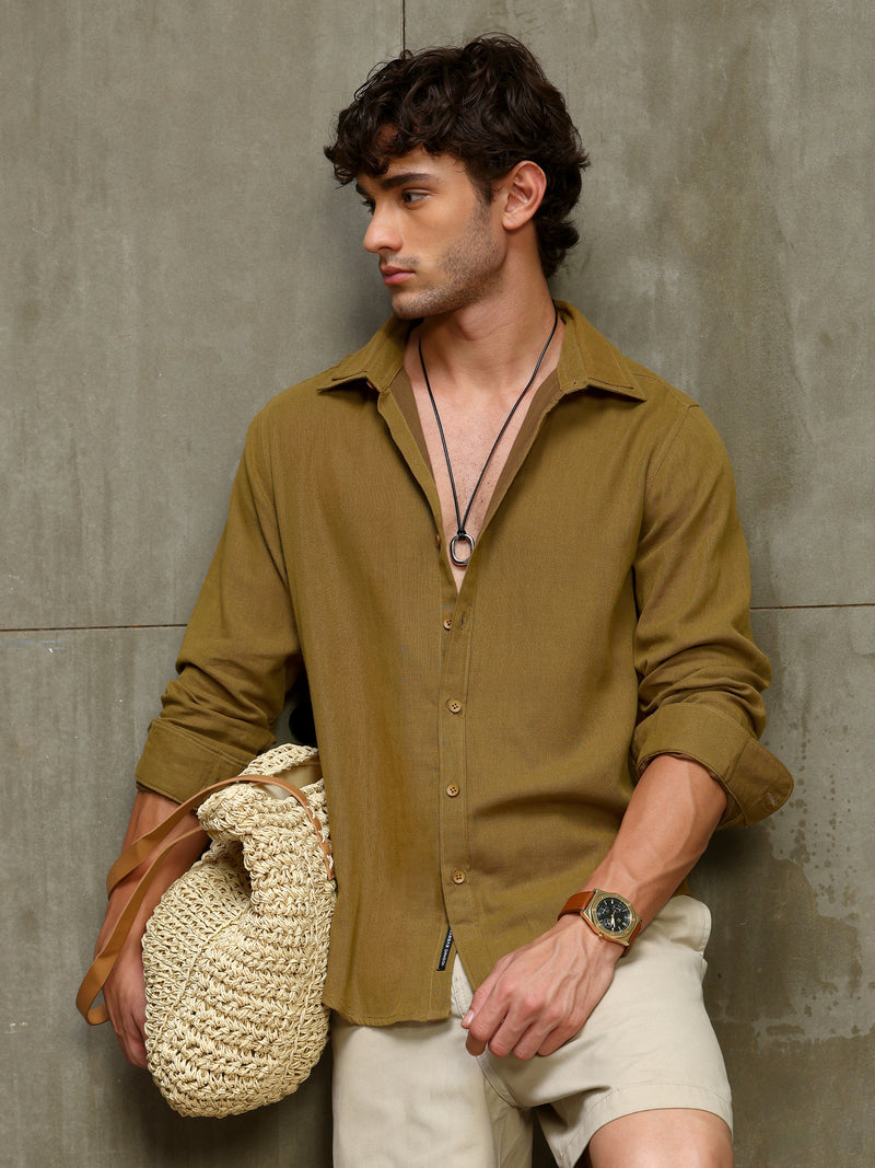 CAHOOT Men's Dark Mustard Double Collar Linen Blend Shirt - view 1