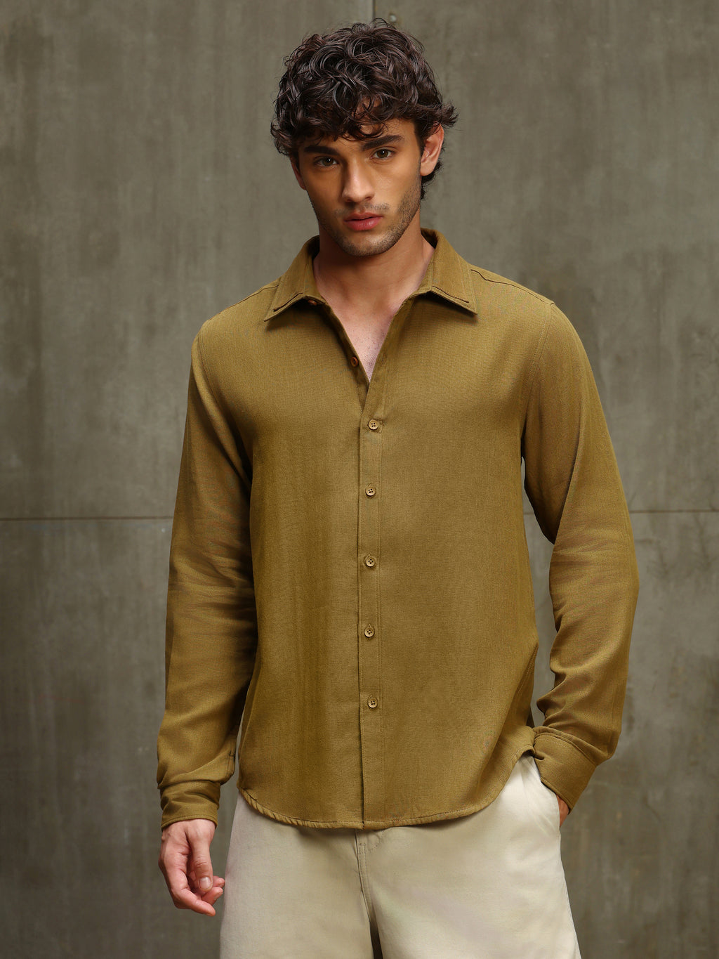 CAHOOT Men's Dark Mustard Double Collar Linen Blend Shirt - view 2