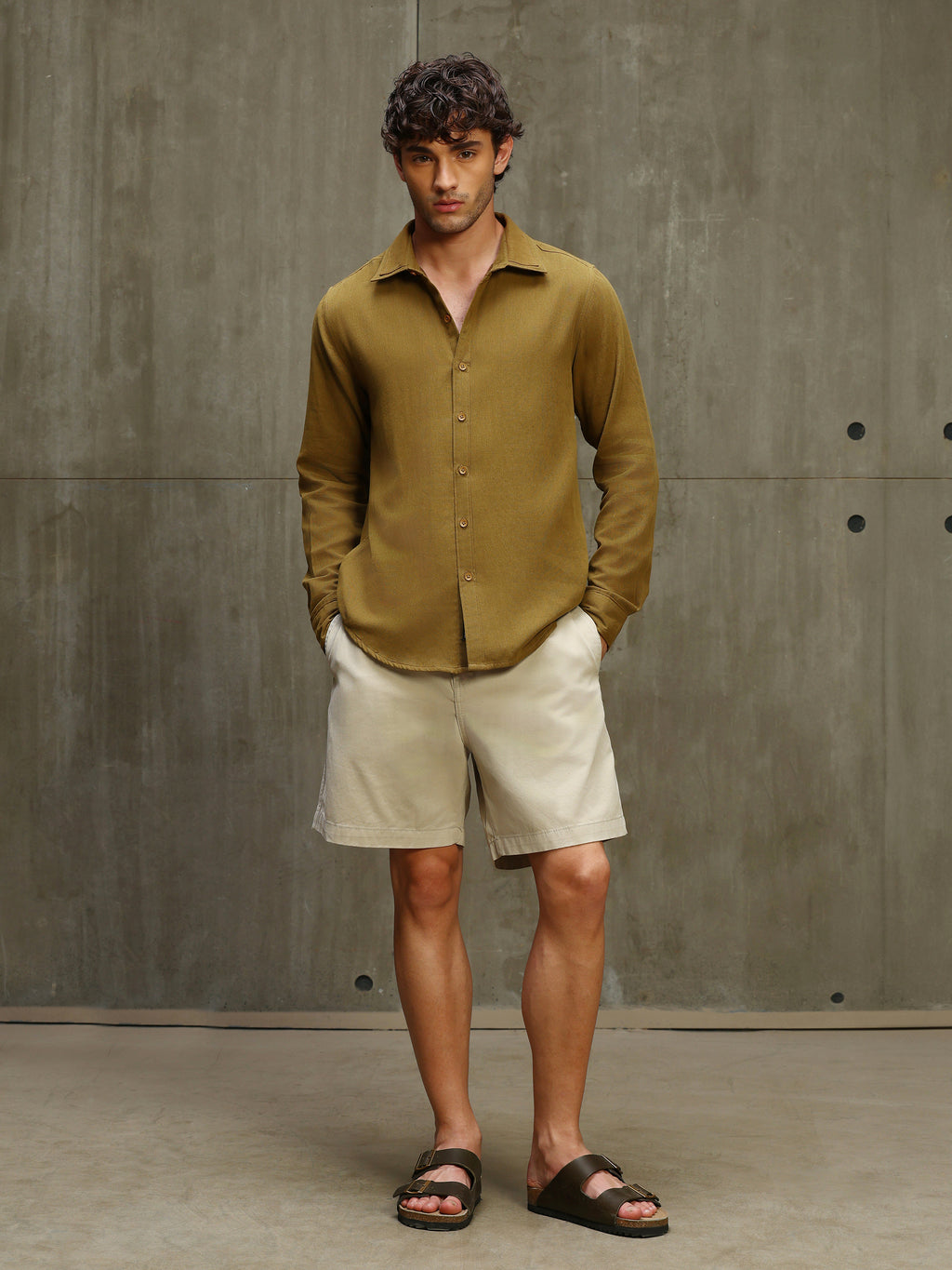 CAHOOT Men's Dark Mustard Double Collar Linen Blend Shirt - view 5