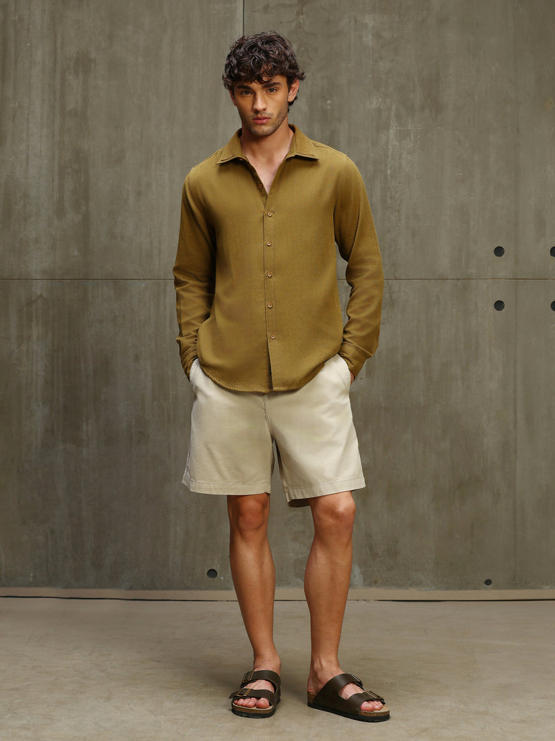 CAHOOT Men's Dark Mustard Double Collar Linen Blend Shirt - view 5