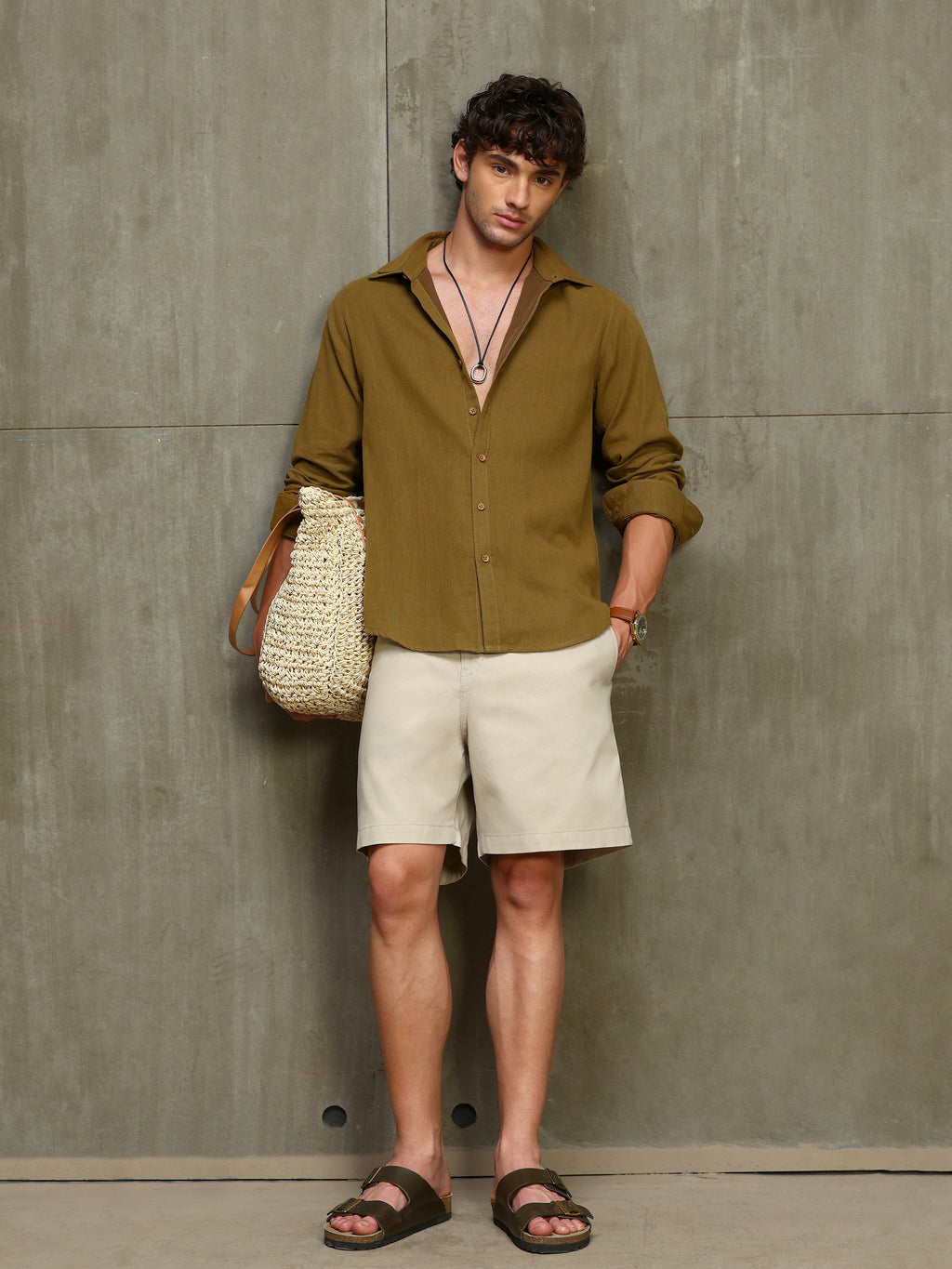 CAHOOT Men's Dark Mustard Double Collar Linen Blend Shirt - view 6