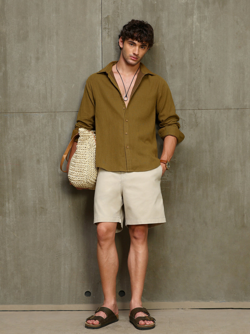 CAHOOT Men's Dark Mustard Double Collar Linen Blend Shirt - view 6