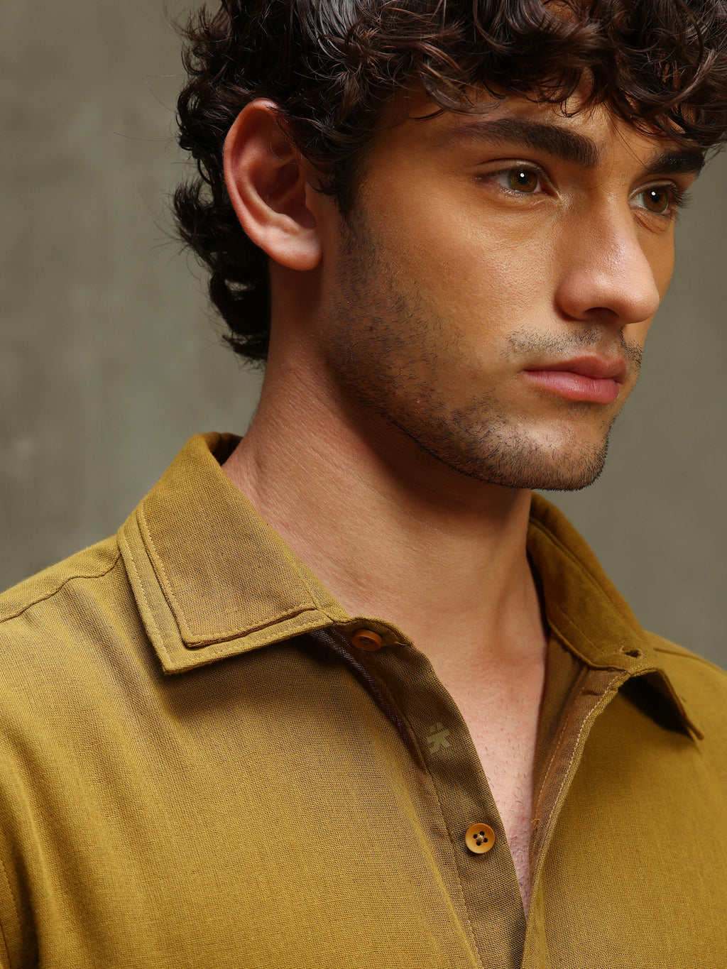 CAHOOT Men's Dark Mustard Double Collar Linen Blend Shirt - view 7